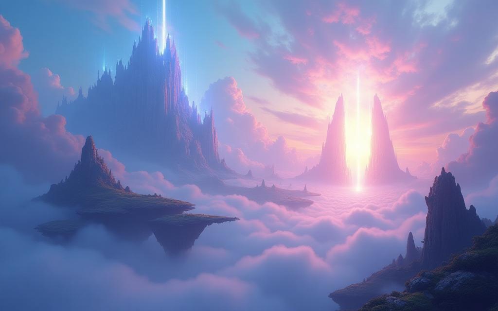 Epic fantasy landscape from a video game with mystical floating islands and a glowing portal