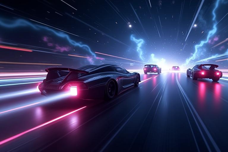 Screenshot from Galactic Drift, showing futuristic spaceships racing through a colorful nebula